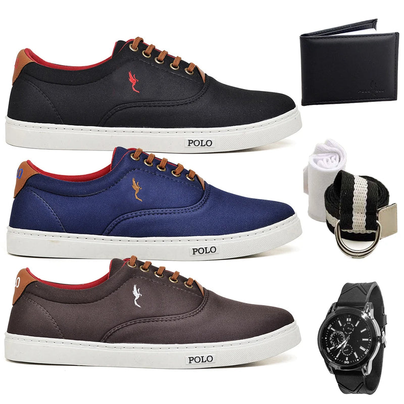 Tênis Masculino Casual PB™ Kit Com 3 Pares + Relógio + Cinto + Meia + Carteira